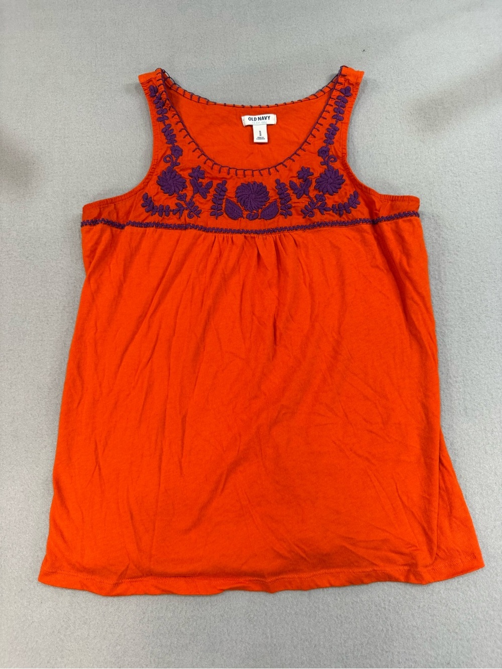 Old Navy Orange Tank Top with Purple Floral Embroidery